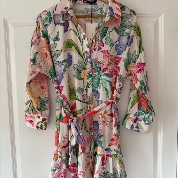 NWT Zara Ladies Multicolor Floral Shirt Dress with Belt Sz XL - Picture 1 of 8